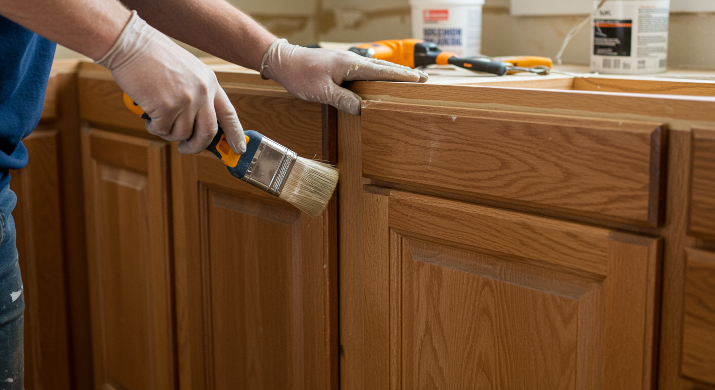 A close-up of a painter carefully refinishing wooden kitchen cabinets in a Wilson, NC home. The image highlights attention to detail, with tools and paint neatly arranged in the background.