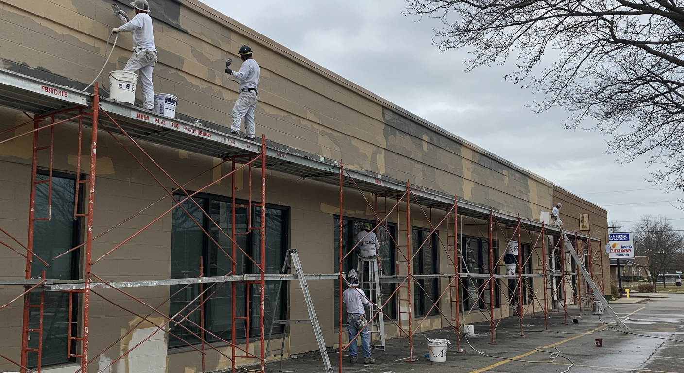 A team of painters working on the exterior of a commercial building in Gastonia. The image highlights scaffolding, paint sprayers, and a clean, professional finish on the building's facade.