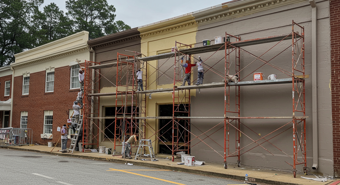 A commercial building in Huntersville, NC, being painted by a team of contractors.