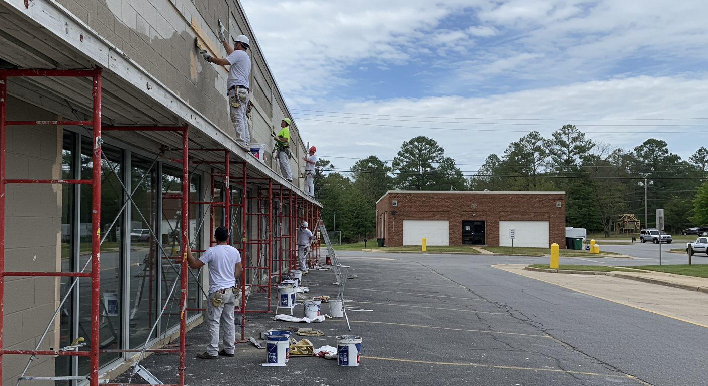 A team of painters working on the exterior of a commercial building in Hickory, NC.
