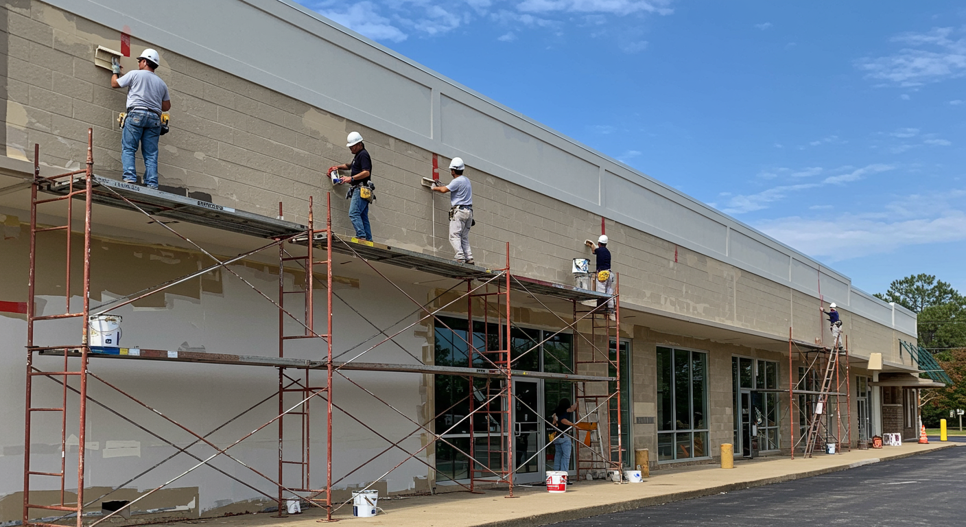 A team of professional painters working on a commercial building exterior in Huntersville, NC. The image shows teamwork, with painters on ladders and scaffolding, applying paint to the building. The setting is a sunny day, and the building looks refreshed and professional.