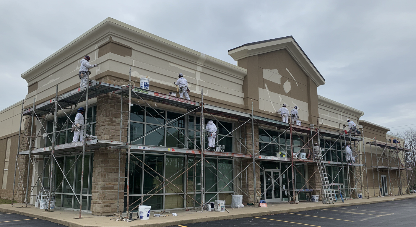 A team of professional painters in safety gear working on scaffolding to paint the exterior of a commercial building in Concord, NC.