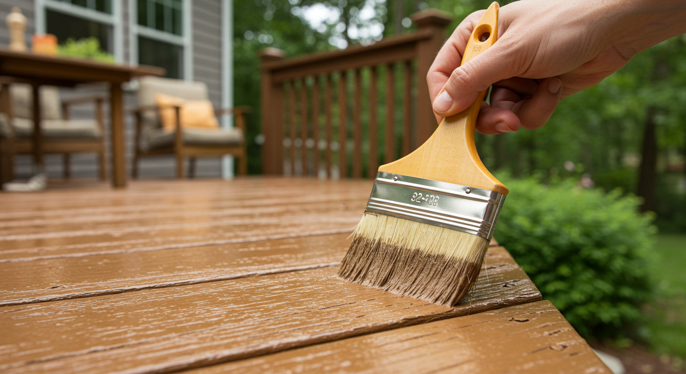 A close-up of a painter’s hand holding a brush, applying a fresh coat of paint to a wooden deck. The background shows a cozy backyard setting in Huntersville, NC, with patio furniture and greenery.