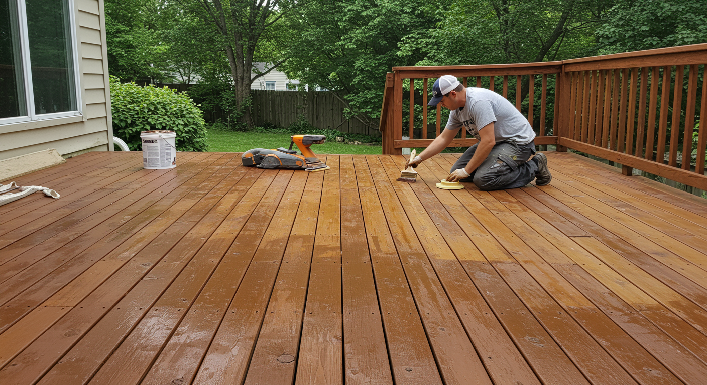 A wooden deck being refinished. The image shows one section of the deck sanded and prepped, while another section is being stained. A painter is kneeling and applying the stain with a brush, with a lush green backyard in the background.