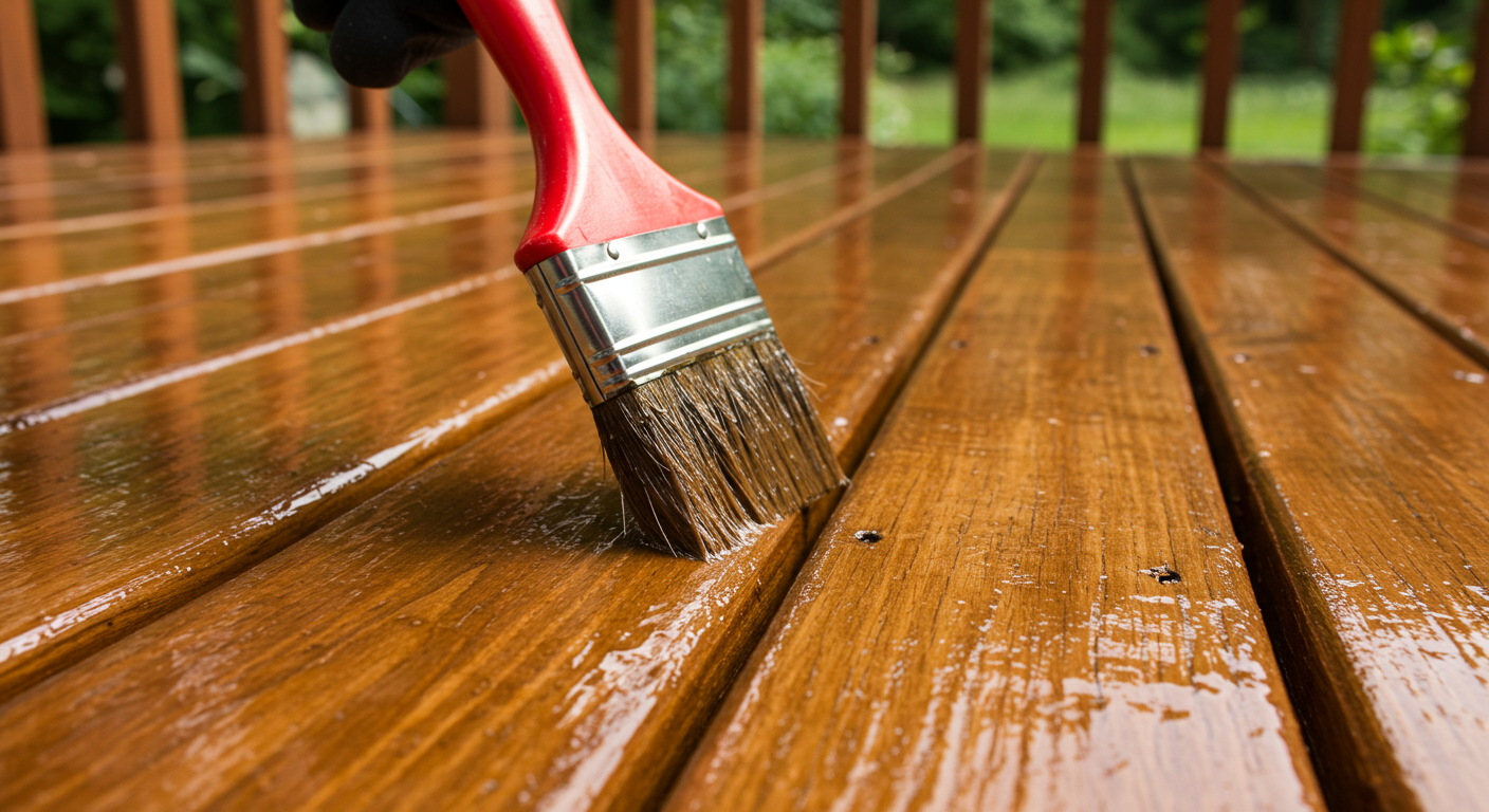 A close-up of a wooden deck being stained by a professional using a brush. The image highlights the rich, glossy finish of the stain, with the surrounding backyard visible in the background.