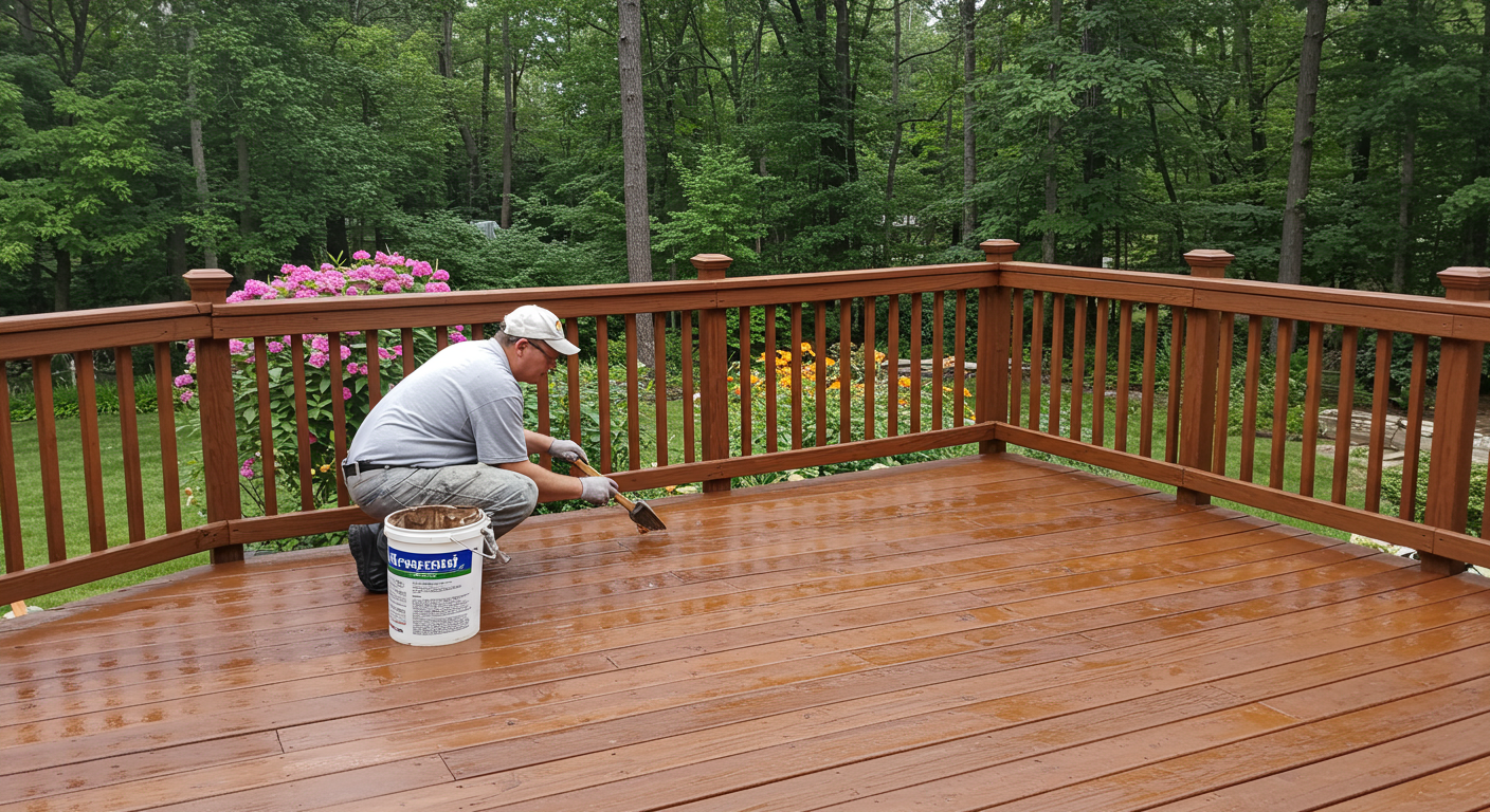 A professional painter staining a wooden deck in a backyard in Huntersville, NC. The deck overlooks a garden with flowers and trees, creating a serene atmosphere.