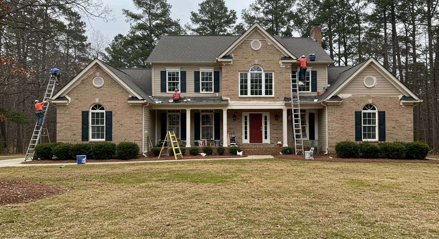 Professional painters working on a residential home in Huntersville, NC