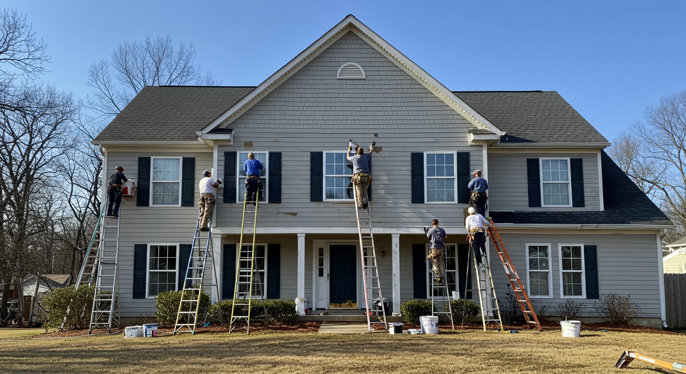 A team of painters on ladders working on the exterior of a two-story home in Wilson, NC. The image highlights teamwork, safety equipment, and attention to detail, with a clear blue sky in the background.