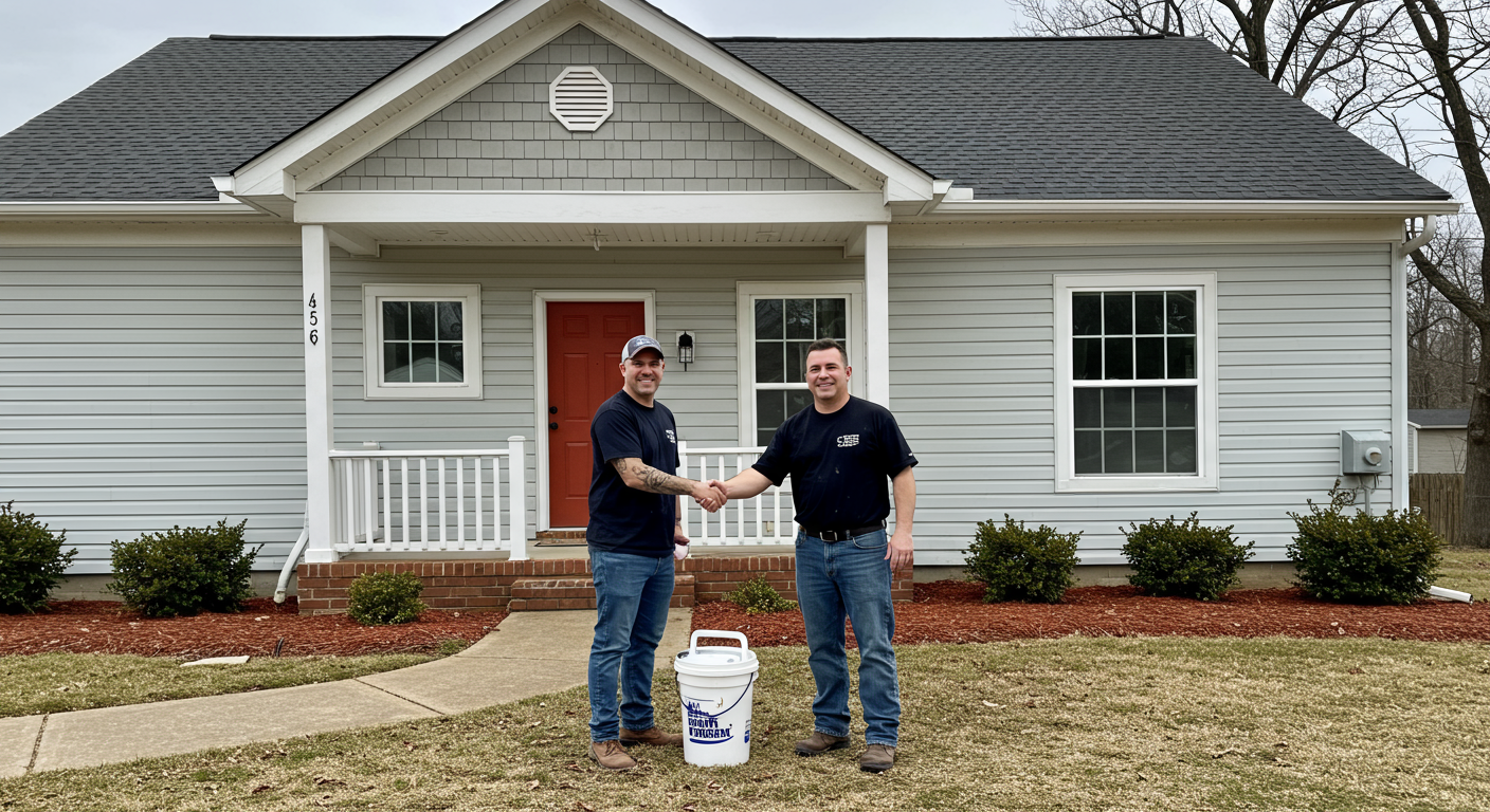 A smiling homeowner standing in front of their freshly painted home in Wilson, NC, shaking hands with a painter in uniform. The home features a vibrant, newly painted exterior, and the setting includes a sunny day with a welcoming atmosphere.