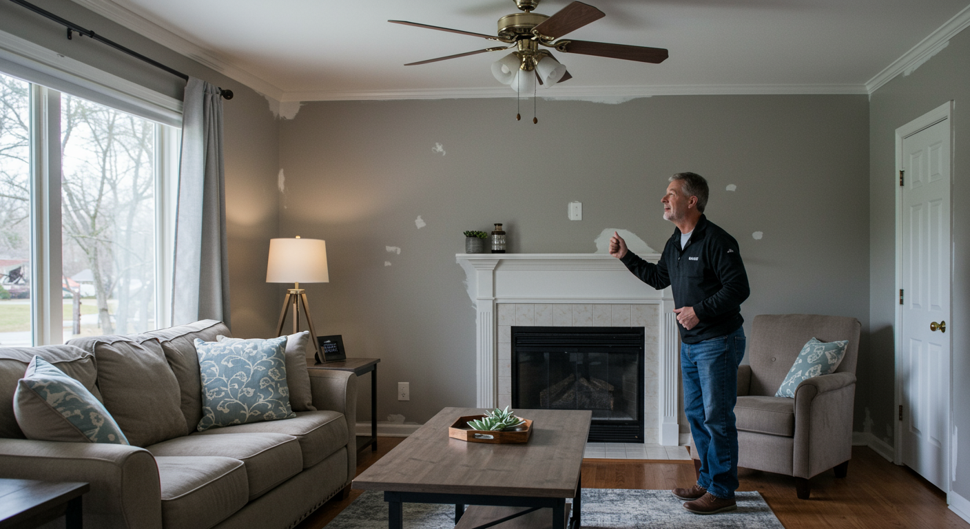 A satisfied homeowner admiring the freshly painted interior of their living room in Gastonia, NC.