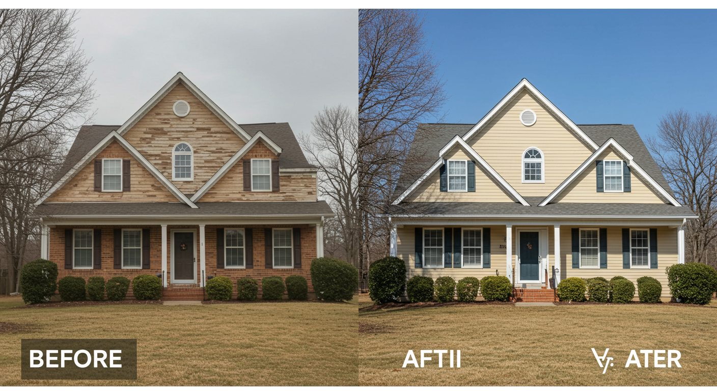 A split image showing a home in Huntersville, NC before and after a professional painting job. The 'before' side appears faded and weathered, while the 'after' side is vibrant and freshly painted, with a clean and polished look.