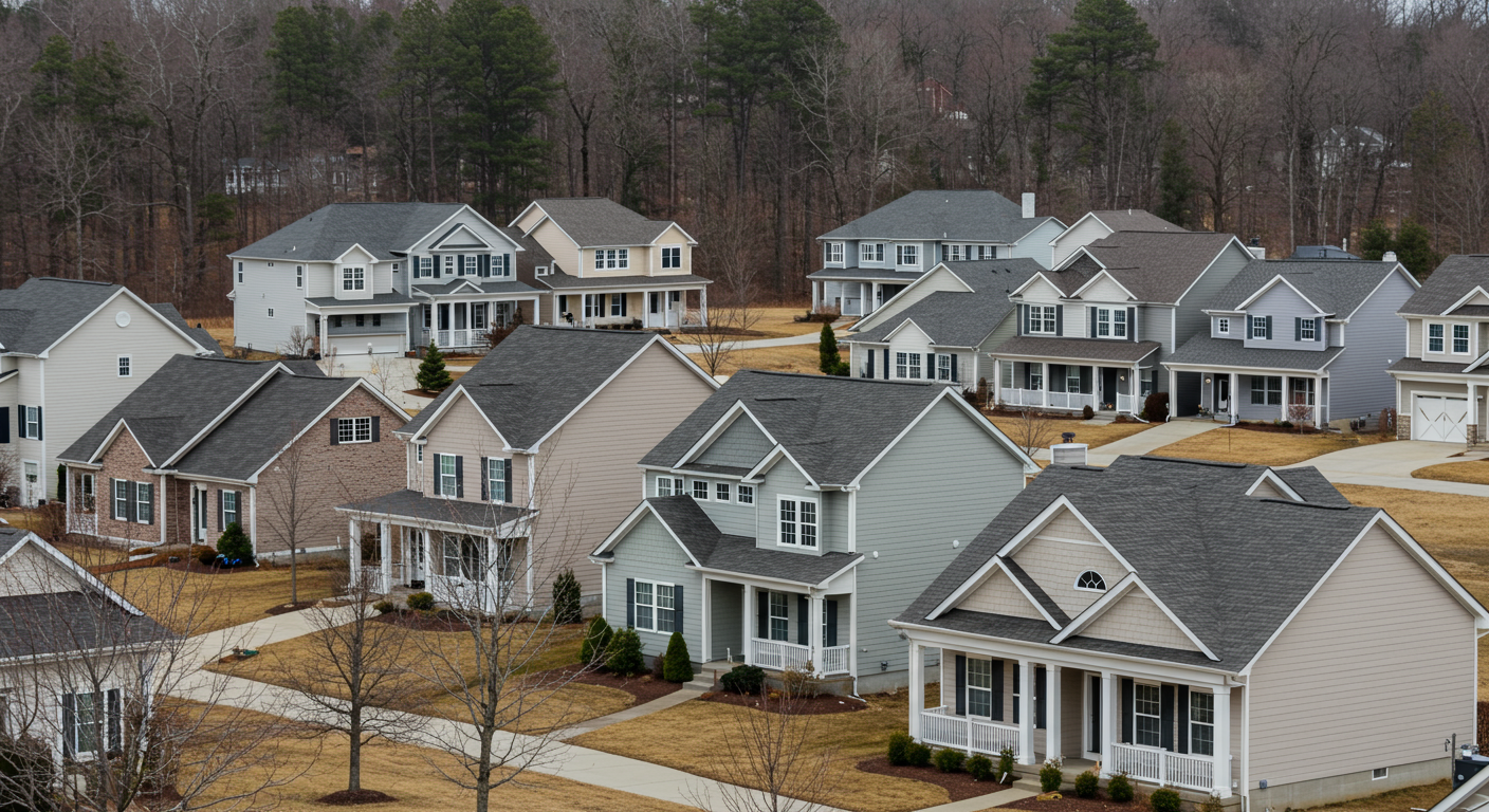 A scenic view of a Huntersville, NC neighborhood featuring beautifully painted homes.
