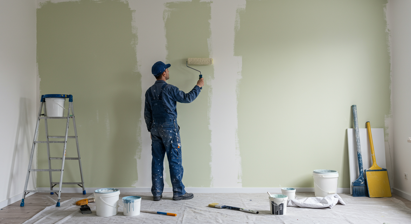 An interior room being painted with a modern and vibrant color palette. The image features a painter using a roller on a wall, with tools like paint cans, brushes, and drop cloths neatly arranged in the background.