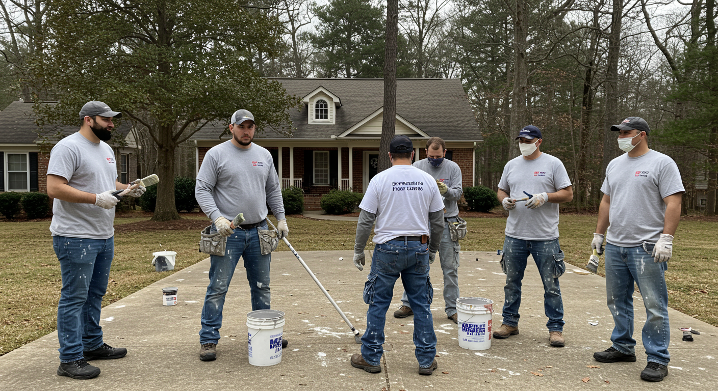 A group of professional painters in branded uniforms working on a residential project in Kannapolis, NC. The image shows them collaborating, with paint buckets, brushes, and rollers in use.