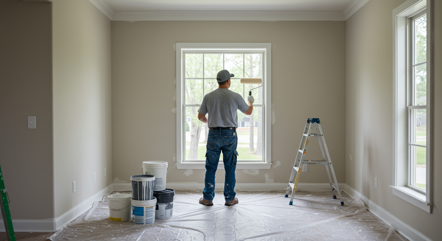 A professional painter in a clean uniform carefully painting the interior wall of a modern home in Concord, NC. The painter is using a roller, with a drop cloth and paint buckets neatly arranged in the background. The setting is bright and clean, showcasing a professional and organized approach to painting.