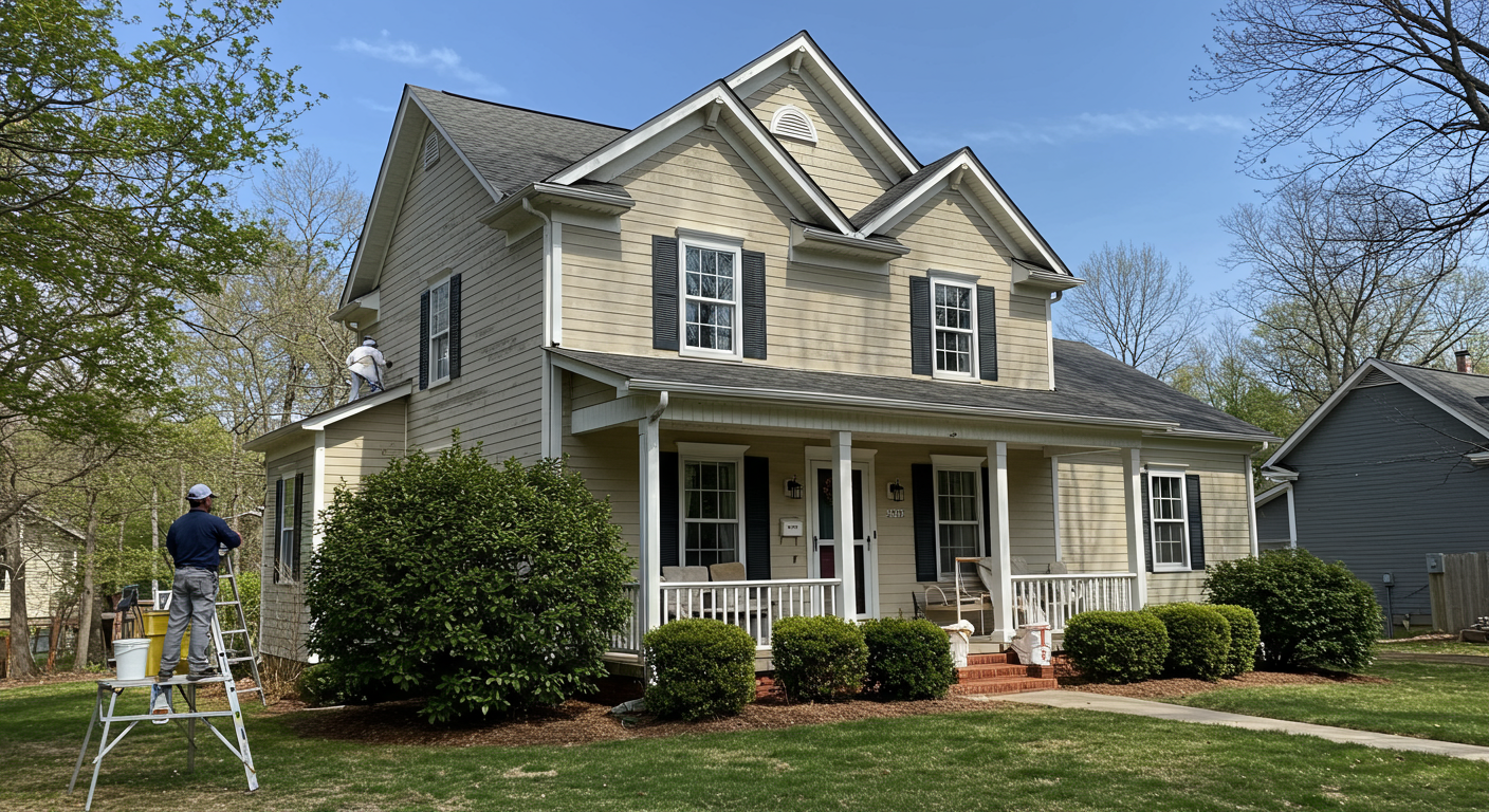 A professional painter in uniform painting the exterior of a charming, traditional home in Hickory, NC. The house is surrounded by lush greenery and a clear blue sky, emphasizing the local area and the quality of the painting service.