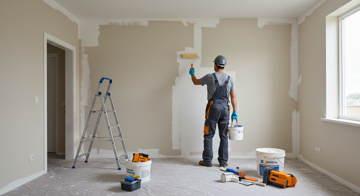 A professional painter wearing a uniform and safety gear is painting the interior of a modern home. The room features clean lines, neutral tones, and a partially painted wall to showcase the transformation in progress.