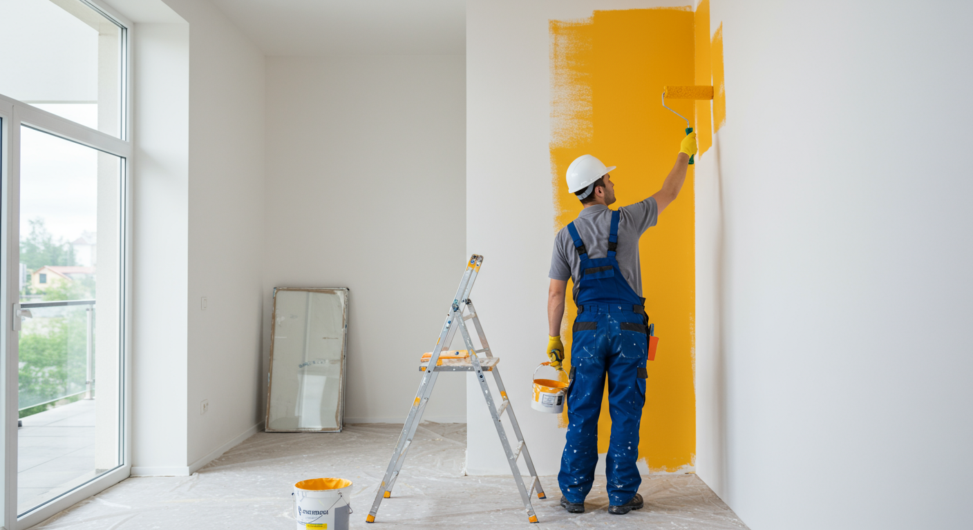 A professional painter in uniform carefully painting a wall with a roller brush in a modern, well-lit interior space.