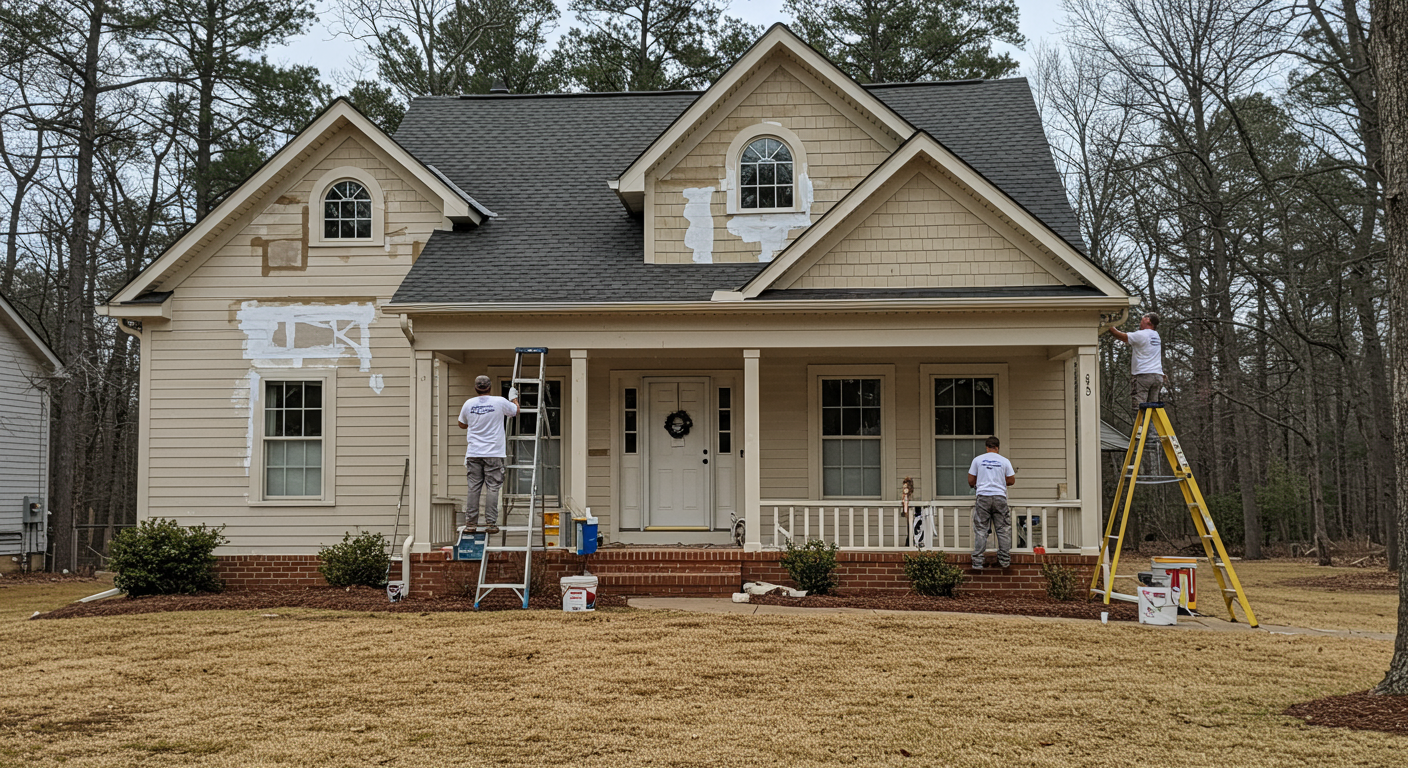 A Satisfied Homeowner Shaking Hands with a Painter in Front of a Freshly Painted House