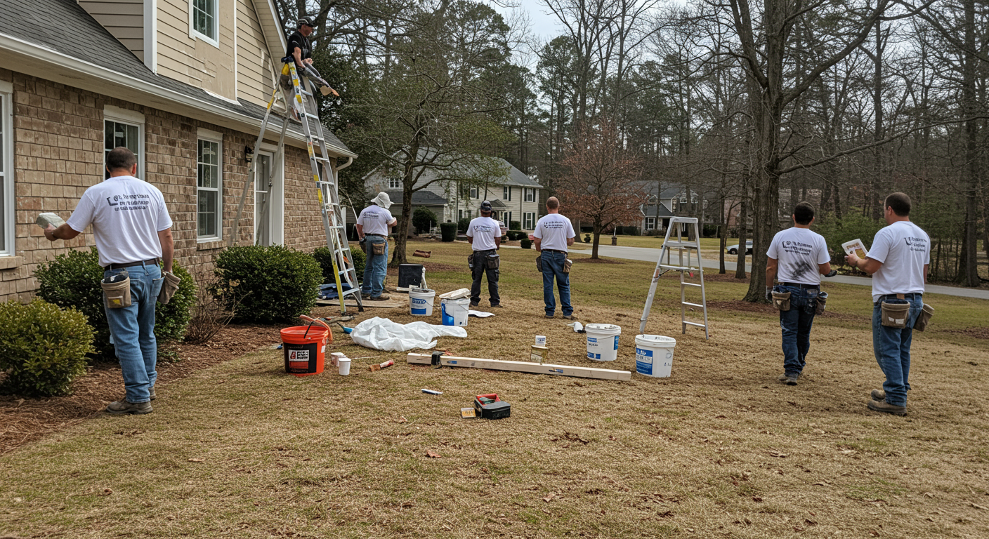 A team of professional painters in branded uniforms working on a residential home exterior in Huntersville, NC. The painters are shown using high-quality tools and materials, with a clean and organized setup. The background features a sunny suburban neighborhood, emphasizing the local aspect.