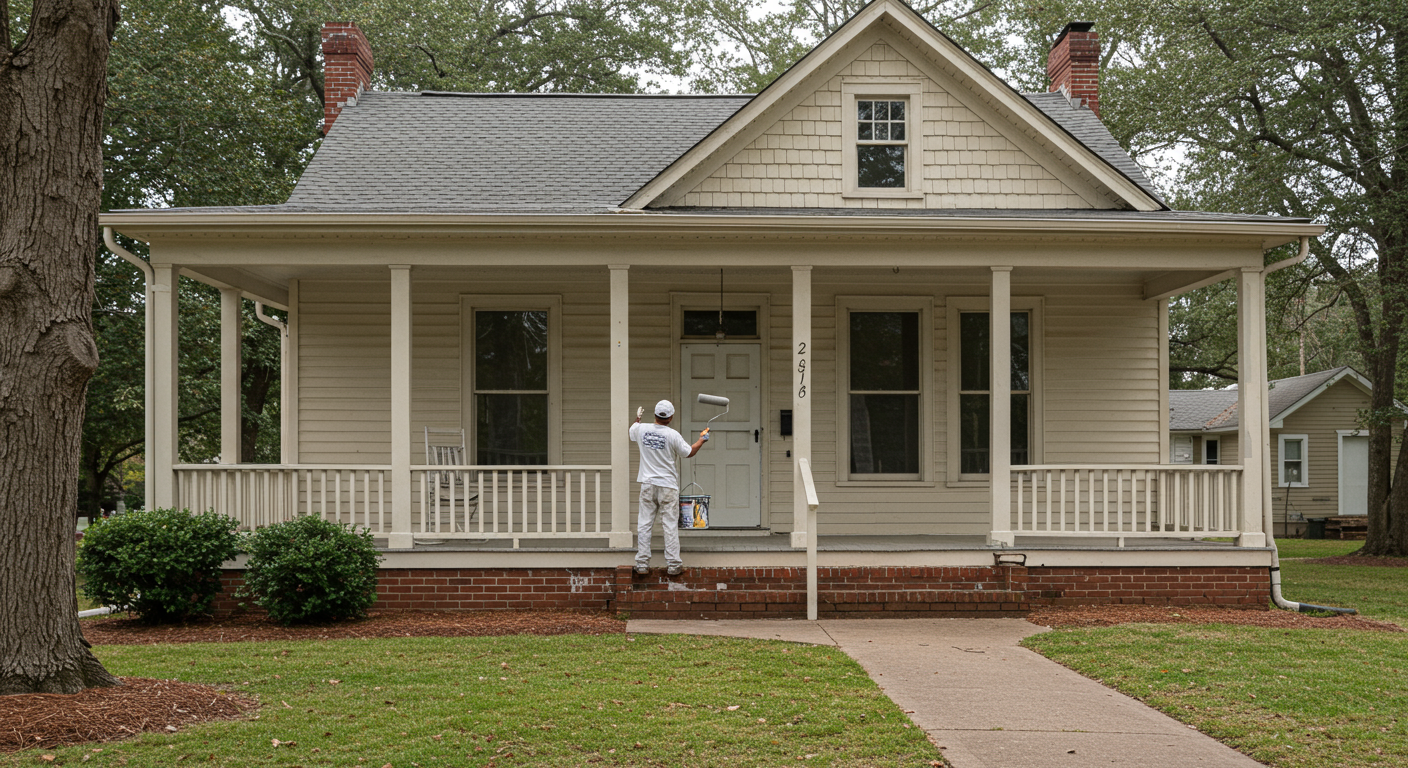 A professional painter in a clean uniform painting the exterior of a residential home in Wilson, NC. The home has a classic Southern style with a porch, and the painter is carefully applying paint with a roller.