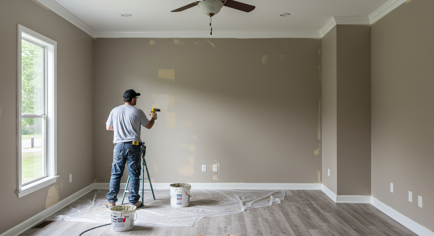 A professional painter in a clean uniform painting the interior of a modern home in Gastonia, NC.