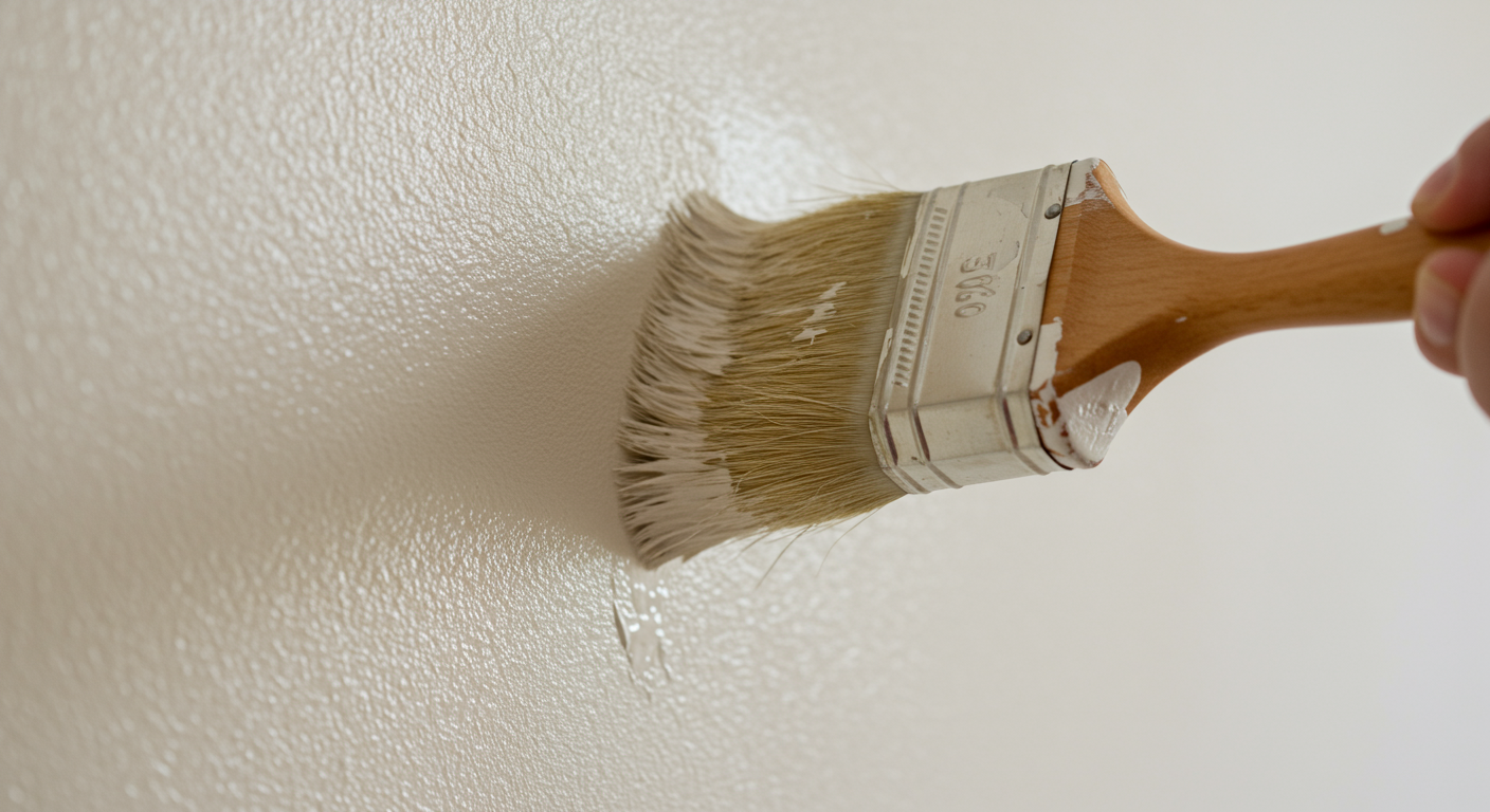 A close-up shot of a paintbrush applying a fresh coat of paint on a wall. The image focuses on the texture of the paint and the brush, emphasizing the quality of the painting service.