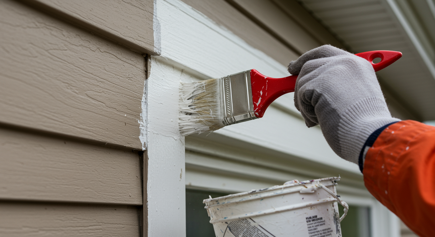 A close-up shot of a painter carefully applying paint to the trim of a house, with a focus on the brush and paint texture. The background subtly shows the home’s exterior, emphasizing the craftsmanship involved in exterior painting.