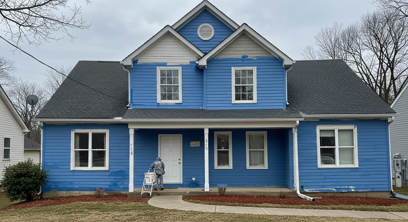 A professional painter applying a fresh coat of vibrant blue paint to the exterior of a charming suburban home in Concord, NC.