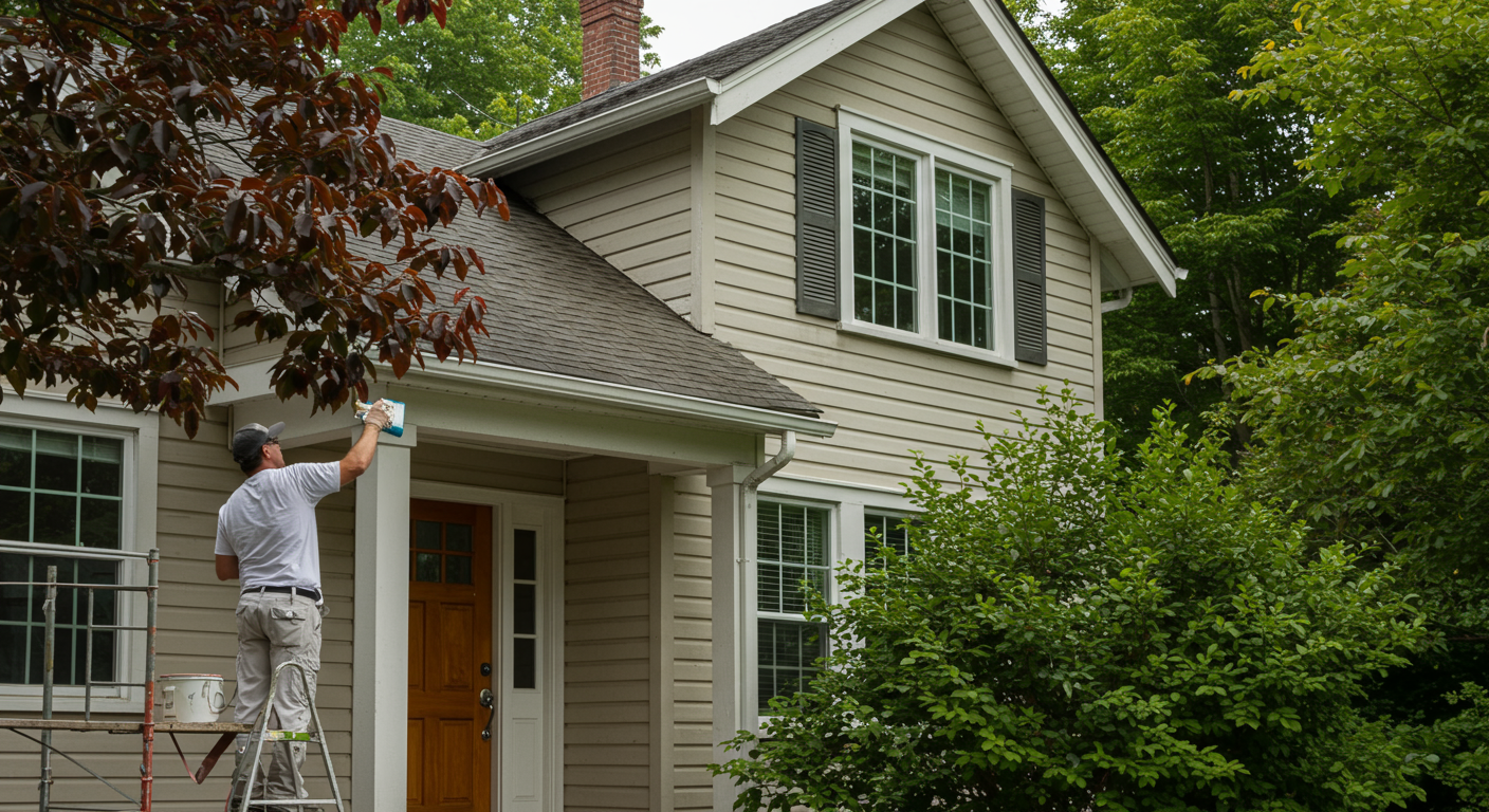 A vibrant scene of a house being painted on the exterior. The focus is on a painter applying a fresh coat of paint to the front of a charming home, with lush greenery in the background, capturing the essence of home improvement.