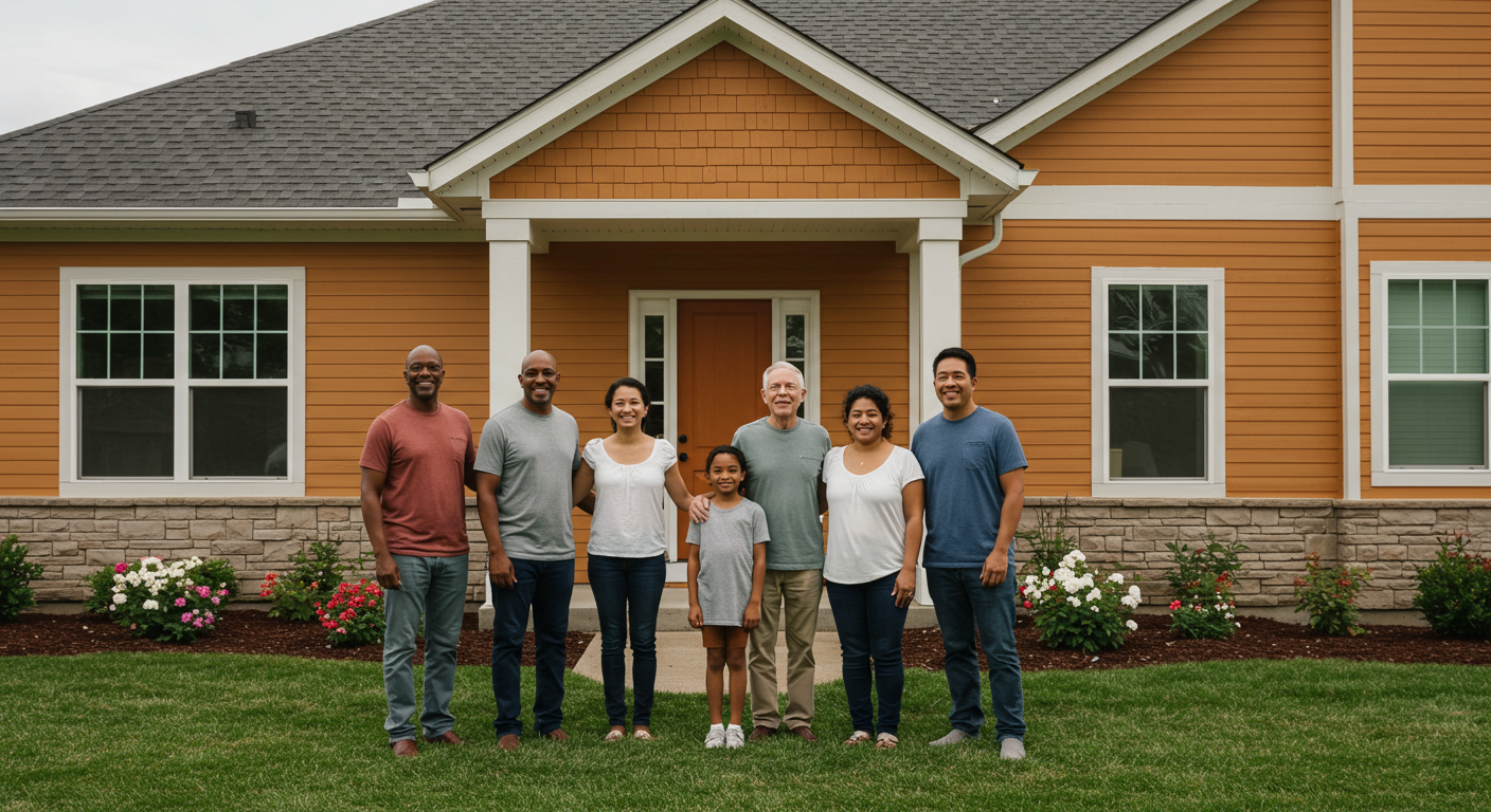A family standing proudly in front of their freshly painted home, smiling and enjoying their new space.