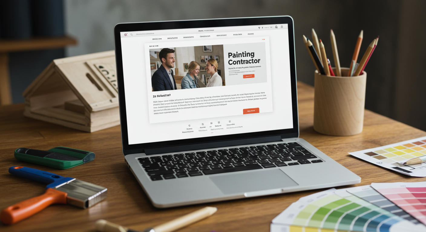 A well-designed painting contractor website displayed on a laptop screen, set on a desk with painting tools and a color wheel nearby. This represents the digital aspect of finding contractors.