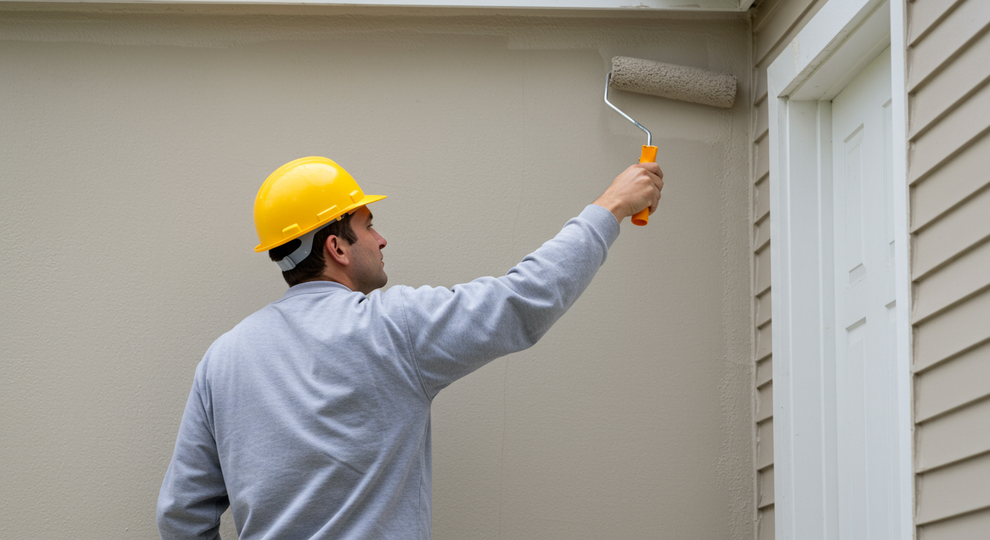 A professional house painter in action, applying a fresh coat of paint to a residential home. The painter is using a roller and is focused on the task, showcasing skill and professionalism.