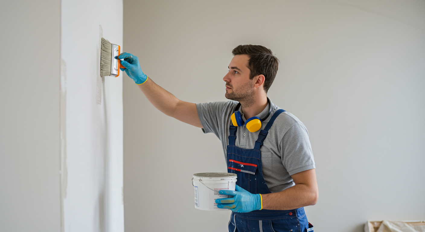 A skilled painter in a well-lit room, carefully applying a fresh coat of paint to a wall. The painter is focused, wearing a uniform and safety gear, showcasing professionalism.