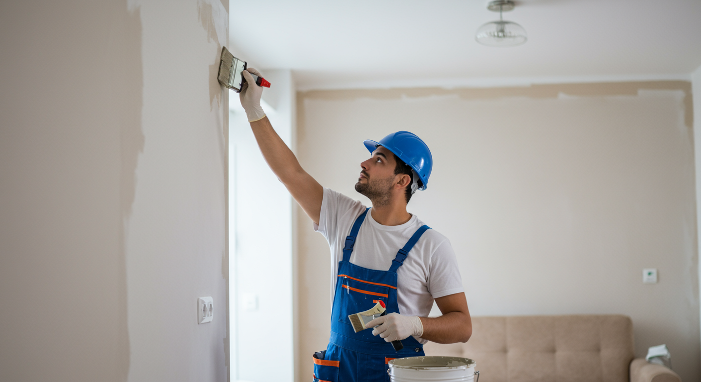 A professional painter in a well-lit living room, skillfully applying a fresh coat of paint on the walls. The painter is focused and wearing protective gear, showcasing professionalism.