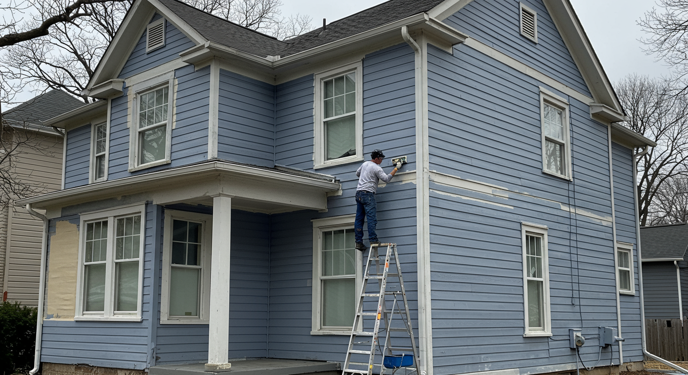 A professional painter applying a fresh coat of vibrant paint to the exterior of a charming residential home in Gastonia, showcasing the transformation of the property.