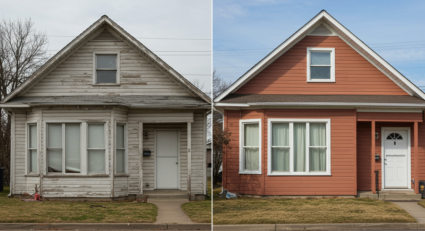 A split-view image showing the exterior of a house before and after a fresh coat of paint. The 'before' side looks faded and weathered, while the 'after' side is vibrant and newly painted.