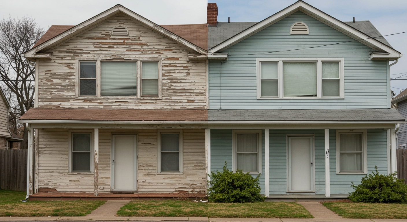 A split-screen image showing a house exterior before and after painting. The 'before' side is faded and peeling, while the 'after' side is vibrant and freshly painted.