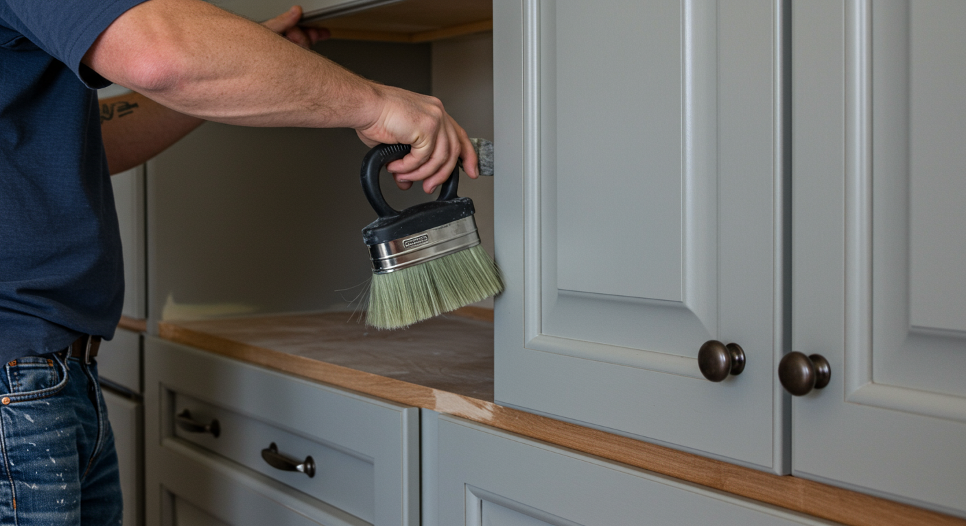 A close-up of a painter refinishing kitchen cabinets in a Huntersville home. The cabinets are being painted in a trendy color, with a focus on the precision and attention to detail. The background includes a clean, modern kitchen setup.