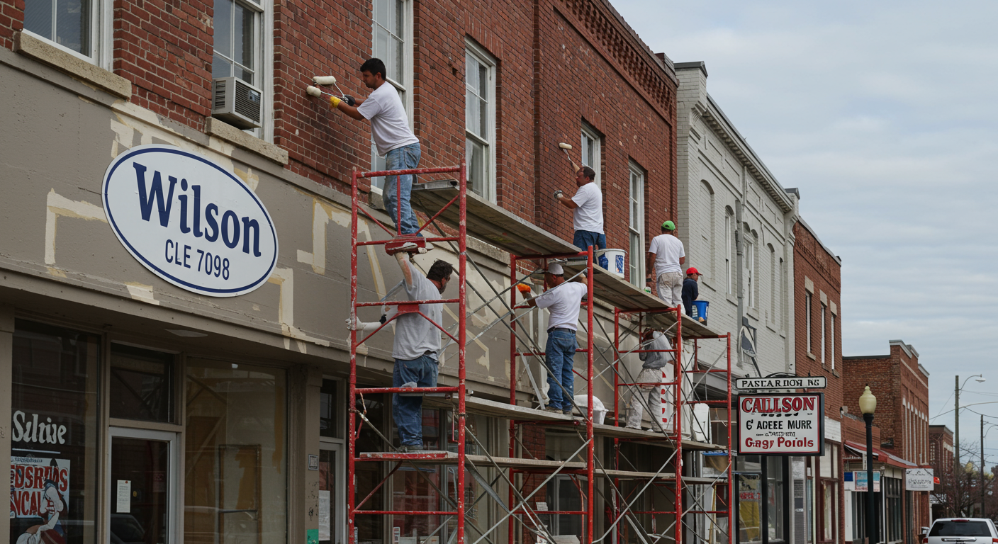 A professional painter standing on a ladder, painting the exterior of a charming suburban home in Wilson, NC.