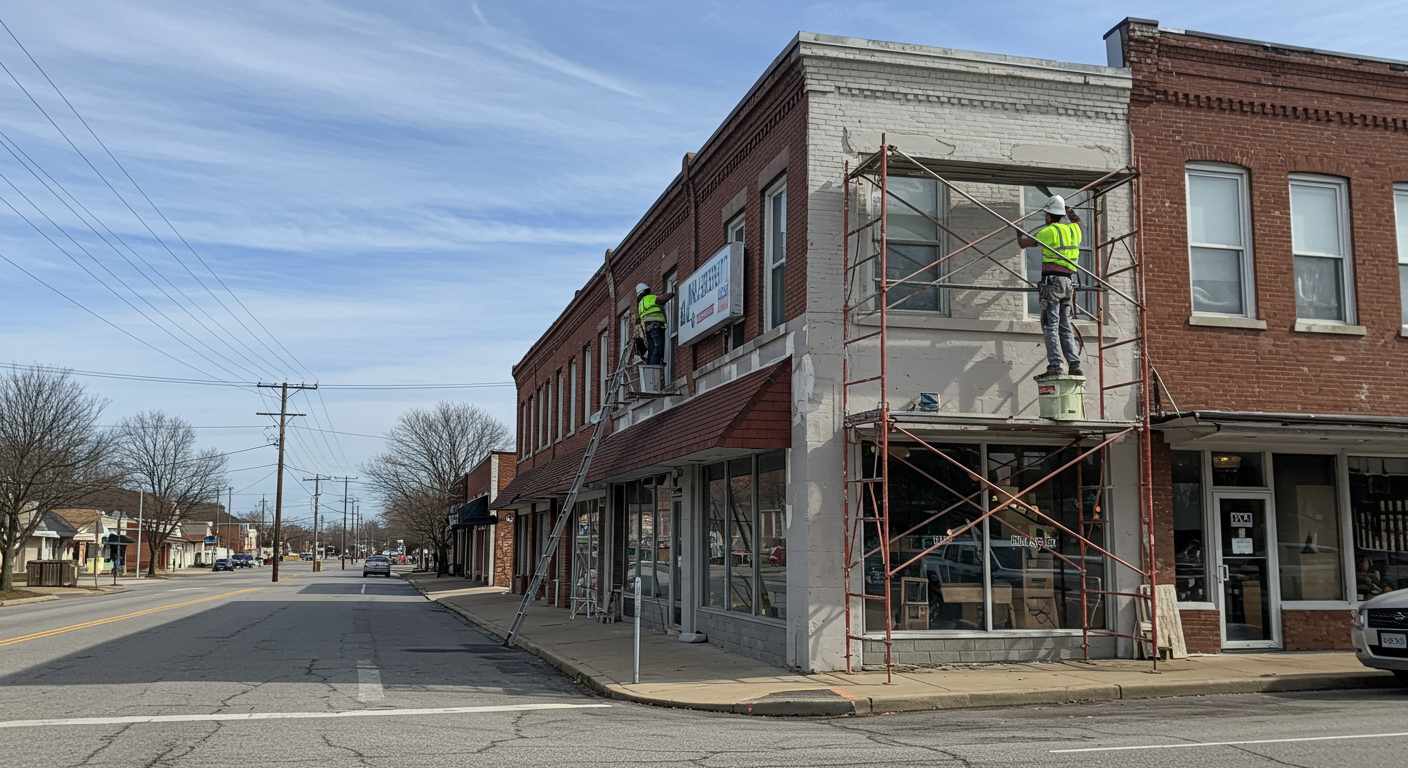 A professional painting crew working on the exterior of a commercial building in Wilson, NC. The image highlights scaffolding, safety equipment, and the team applying fresh paint to the building's facade. The background includes a clear blue sky and a bustling street.