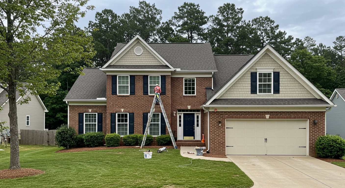A wide-angle shot of a painter on a ladder working on the exterior of a beautiful suburban home in Kannapolis, NC. The home is surrounded by green lawns and trees, emphasizing the local setting and quality craftsmanship.