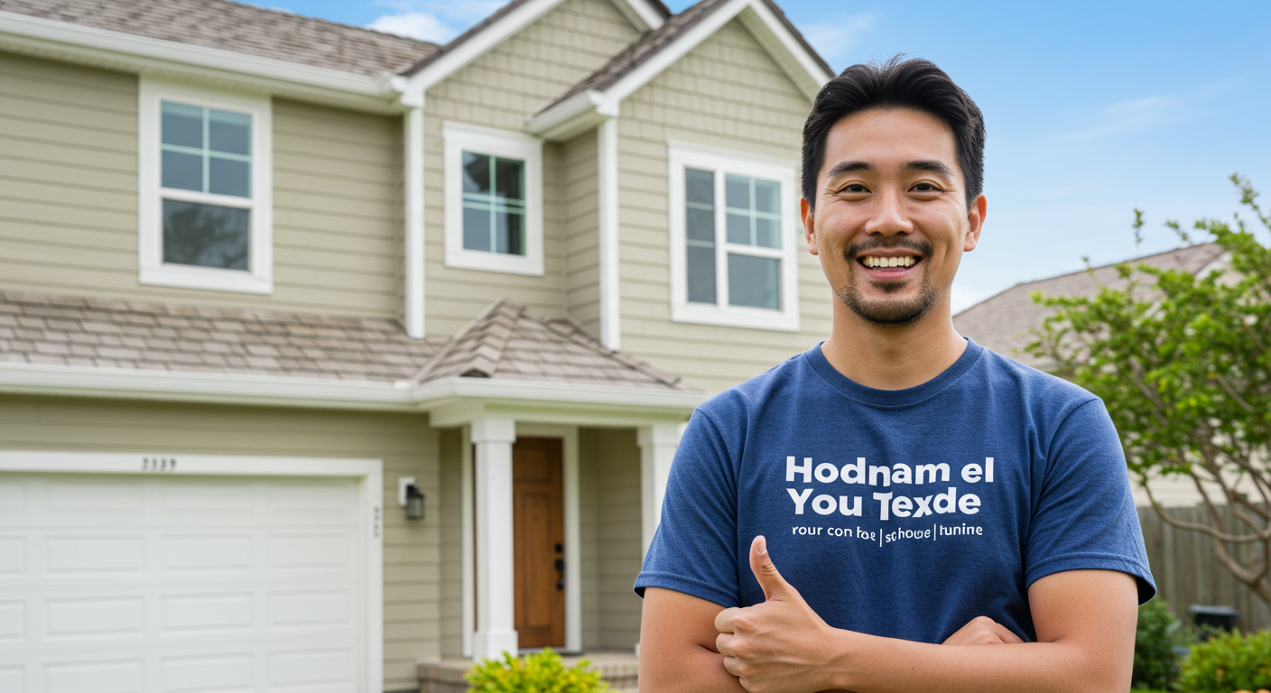 A smiling homeowner standing in front of their freshly painted house, holding a thumbs-up gesture. The house has a bright, clean exterior, and the customer looks satisfied. The background shows a sunny day with a clear blue sky.