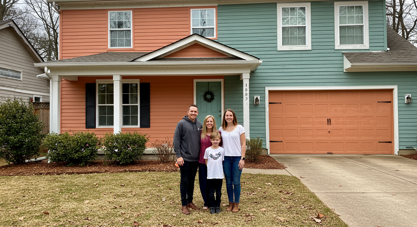 A smiling family standing in front of their freshly painted home in Kannapolis, NC. The house features a vibrant exterior color, and the family looks happy and satisfied with the results, emphasizing trust and quality service.