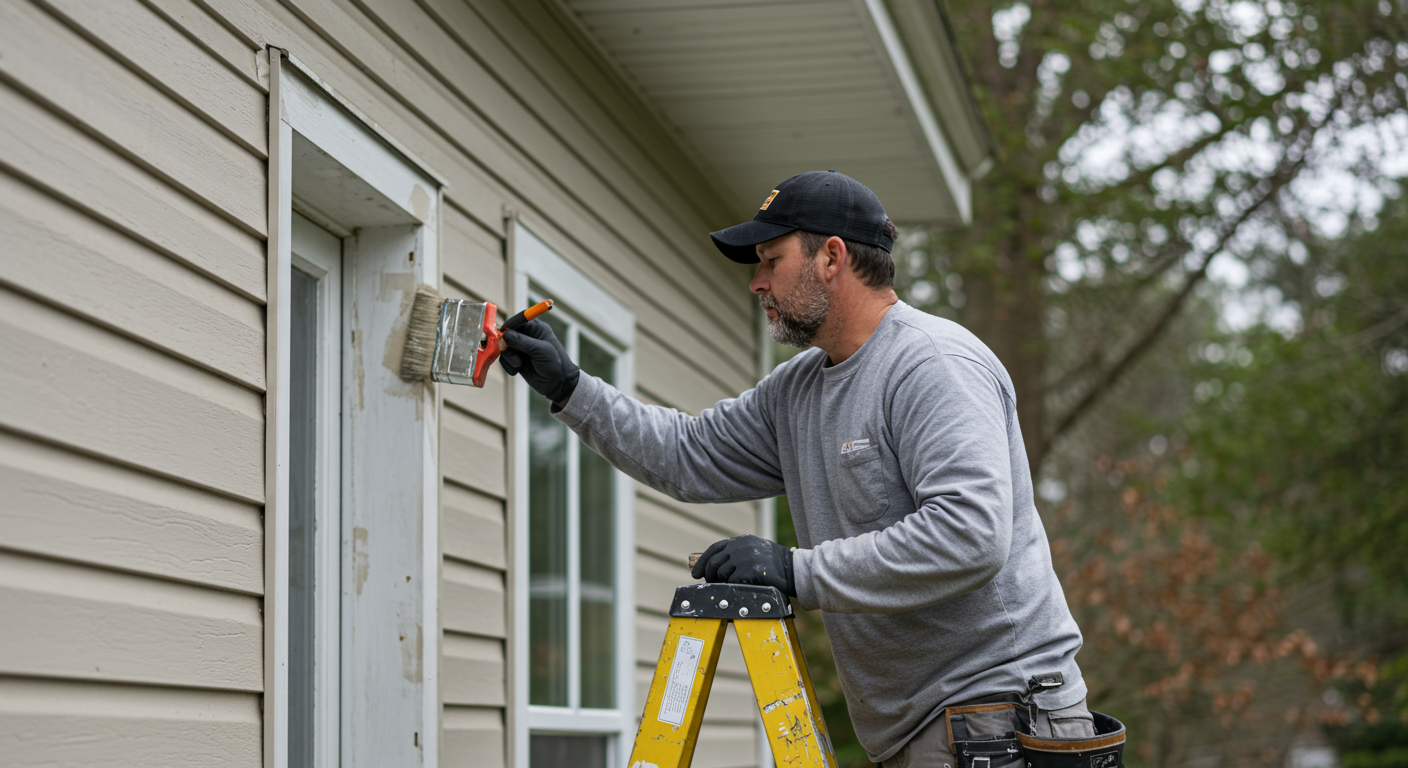 A skilled painter applying a fresh coat of paint to a charming residential home in Kannapolis, NC. The painter is focused and wearing a professional uniform, showcasing the quality of work.