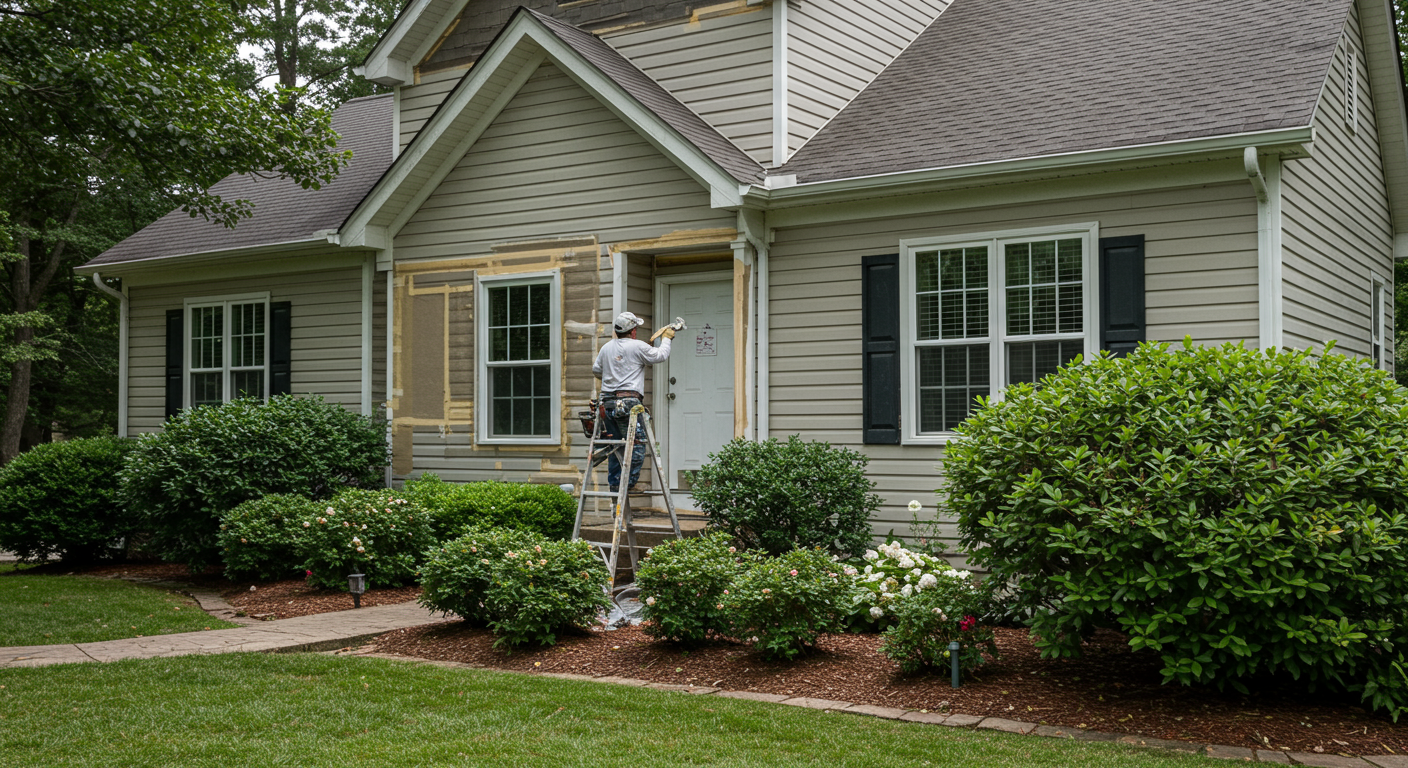 A skilled painter in action, carefully applying a fresh coat of paint to the exterior of a charming Huntersville home. The painter is wearing safety gear, and the house is surrounded by lush greenery, emphasizing a local touch.