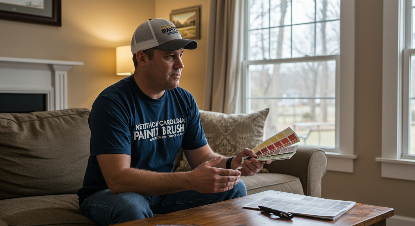 A painter from North Carolina Brush interacting with a homeowner in Wilson, NC, showing color swatches and discussing options. The setting is a cozy living room with natural light.