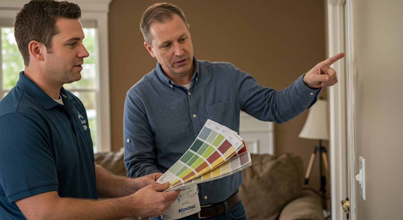 A professional painter discussing color options with a homeowner in Kannapolis, NC.