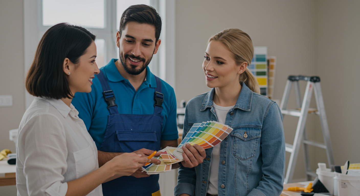 A friendly painting contractor discussing color options with a homeowner in a well-lit room. The contractor is holding a color palette, and the homeowner looks engaged and satisfied. The background includes paint samples and tools, emphasizing professionalism and customer care.