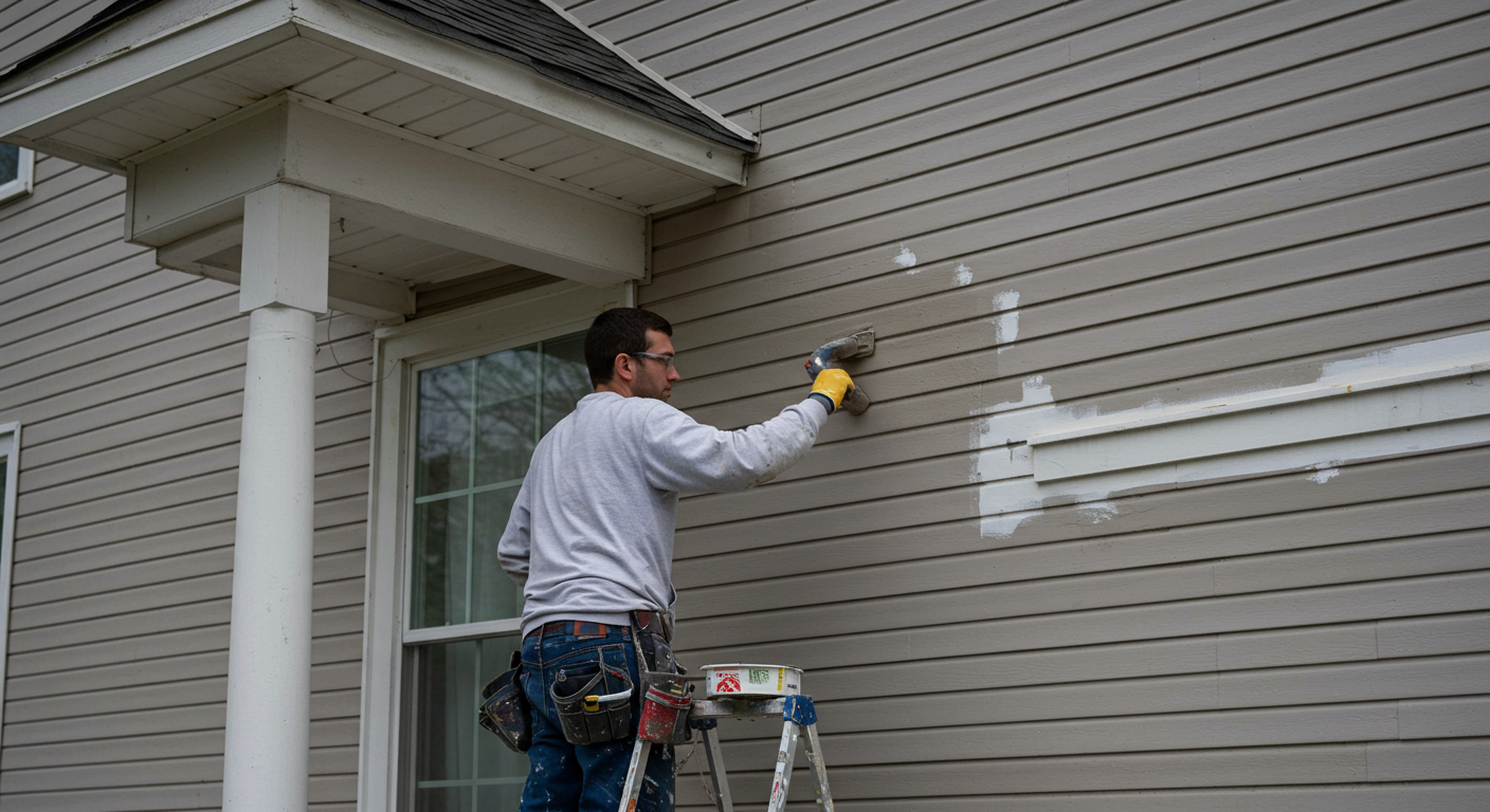 A skilled painter applying a fresh coat of vibrant paint to the exterior of a charming home in Kannapolis. The painter is focused and meticulous, showcasing the quality of workmanship.